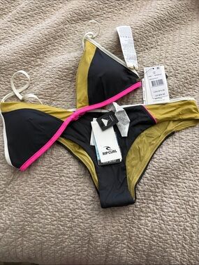 Rip Curl mustard, dark gray, & Hot Pink Triangle Bikini Set - M - NWT